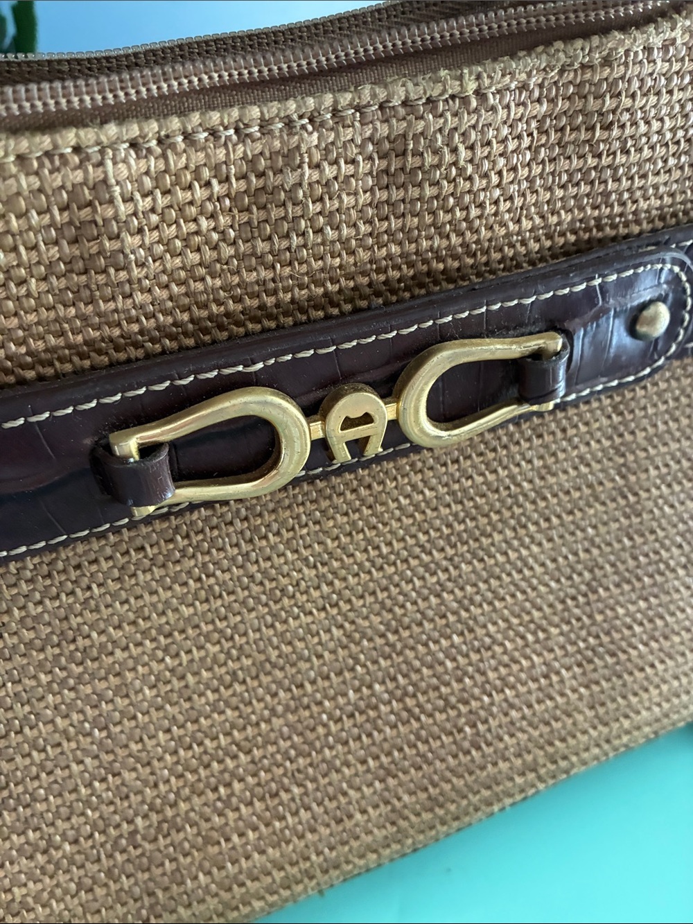 Vintage Etienne Aigner Handbag Straw/Burlap Faux Croc Trimmed Shoulder Bag - Picture 2 of 8